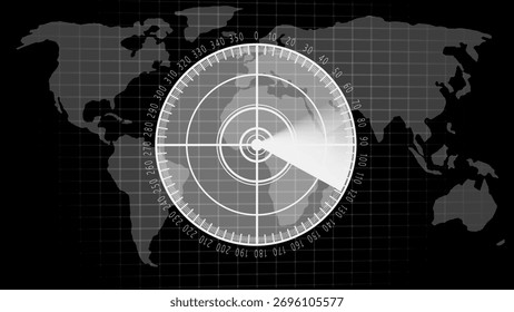 Radar Screen Displaying World Map with Scanning Beam in Black and White