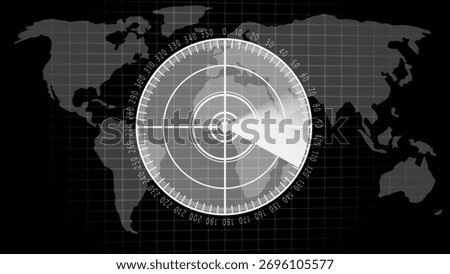Radar Screen Displaying World Map with Scanning Beam in Black and White