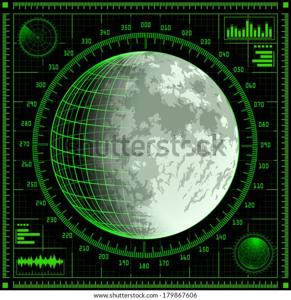 Radar\
screen with Moon. Detailed raster\
illustration.