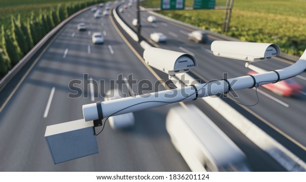 Radar speed control camera on the highway.\
Speed camera monitoring busy traffic road. The cameras speed\
control on the road. 3d\
illustration