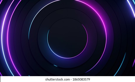 Radial Abstract Neon Background. Laser Neon Lines Move In A Circle Along A Circular Dark Geometry. Conceptual Technology Background. Blue Purple Light Spectrum. 3d Illustration