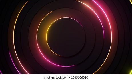 Radial Abstract Neon Background. Laser Neon Lines Move In A Circle Along A Circular Dark Geometry. Conceptual Technology Background. Yellow Pink Light Spectrum. 3d Illustration