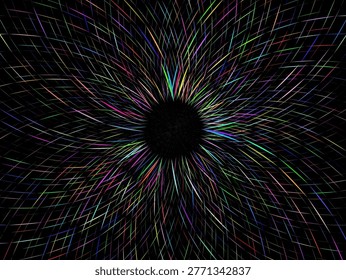 A radial pattern of colorful, intersecting lines emanates from a central black circle against a dark background. The lines vary in color, showcasing a spectrum including blues, purples, greens, and reds. They create a dynamic sense of motion and depth, resembling a visual representation of a vortex or abstract optical illusion. The arrangement forms a mesmerizing symphony of color and structure, capturing a sense of infinite expansion.
