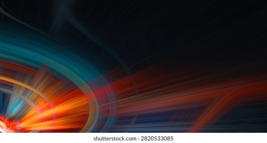 Radiant light rays emanating from corner creating dramatic vortex effect abstract motion blur vibrant color palette dark background high energy composition graphic design element art.