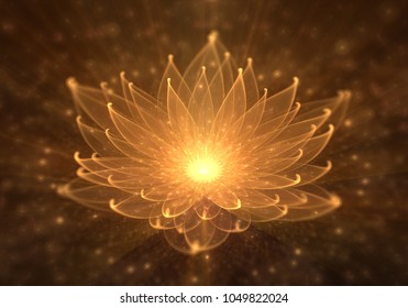 Radiant orange lotus with rays of light, Water Lily, enlightenment or meditation and universe, magic scene, abstract illustration