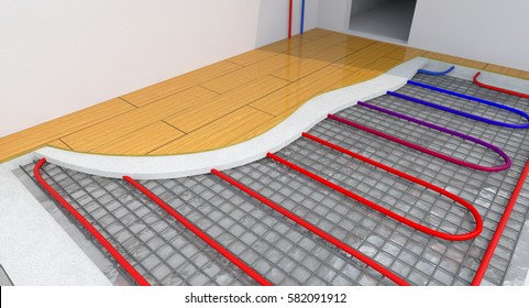 Radiant Underfloor Heating, Heating Systems, Warm Floor, Under Floor Heating Systems, Renewable Energy Home Concept - 3D Rendering