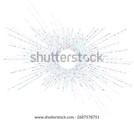 Radiating binary streams form circular data burst. Digital visualization for AI, machine learning, big data processing. Abstract graphic for illustration network, cloud or algorithmic system design.