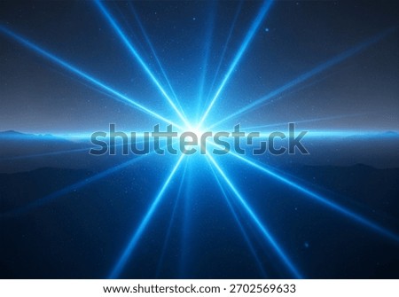 Radiating blue light rays spreading outward from a bright central point over a dark horizon, creating a starburst effect.