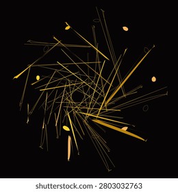 Radiating golden brushstrokes create a dynamic, chaotic pattern on a dark background, forming a central focal point with expressive, glowing lines.