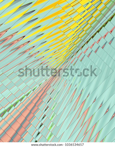 Radiating ripples fractal, with\
radiating diamond shapes effect, digitally generated image in\
vintage colors - pale blue and yellow , geometrical\
minimalism