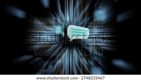 Radiating speech bubble with three teal lines sending radial streaks and binary code in cyberspace. Chat, icon, data, network, grid, glow, neon