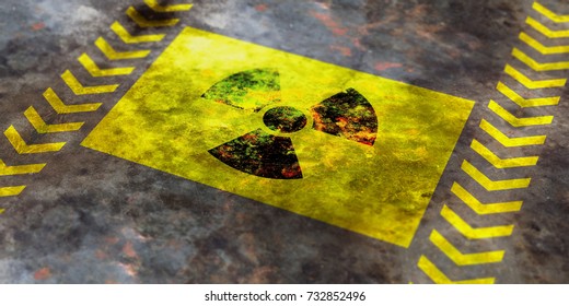 Radiation Symbol On Yellow Background, View From Above. 3d Illustration