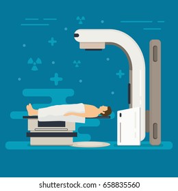 Radiation Therapy Concept. Cancer Treatment With Radiotherapy. Oncology RT Of Cancerous Tumor. Medical X-ray Beam Therapy With Linear Accelerator. Medicine Background.