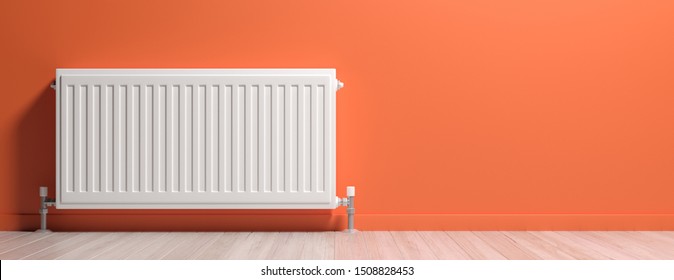 Radiator, room interior, orange color wall, wood floor, banner, copy space. Central heating installation, warm home. 3d illustration