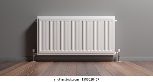 Радиатор, интерьер комнаты, деревянный пол, окрашенная в серый цвет стена, центральное отопление, теплый дом. 3d иллюстрация