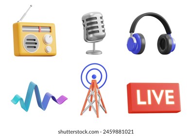 Radio, 3d icon set. Listening radio stations, fm wave. Microphone, Headphones, Sound FM Wave, Radio Tower, Live Recording. 3D object on a white background - Powered by Shutterstock