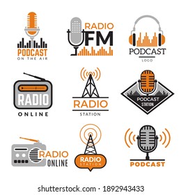Radio Logo. Podcast Towers Wireless Badges Radio Station Symbols Collection