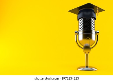 Radio Microphone With Mortarboard Isolated On Orange Background. 3d Illustration