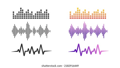 Radio Sound Wave Icon Set Or Voice Music Audio Rhythm Line, Recording Soundwave Rhythm Or Track Waveform Signal Clipart Graphic, Tune Pulse Or Frequency Dj Beat Clip Art Disco Spectrum Image