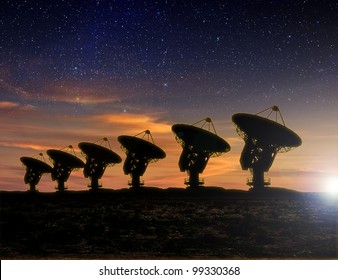 Radio Telescope At Sunset