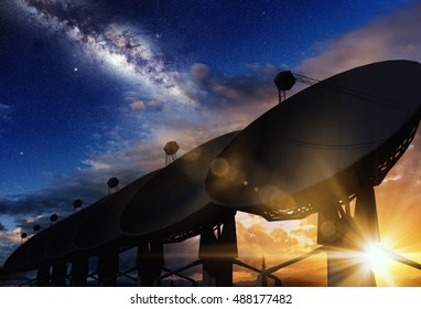 Radio Telescopes, Sunset And The Milky Way Concept 3D Illustration. Space Science Conceptual Image.
 