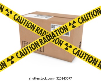 Radioactive Attack Parcel Concept - Cardboard Box behind Caution Radiation Tape Cross
