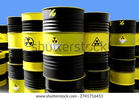 Radioactive materials storage, Hazard control. Industrial barrels marked with radiation warning symbols arranged for secure containment and regulated handling of nuclear waste, 3d image