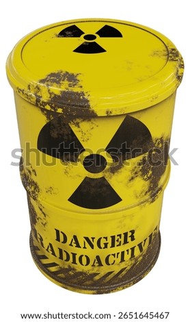 Radioactive nuclear waste container, corroded and ageing, rusting radioactive material barrel.