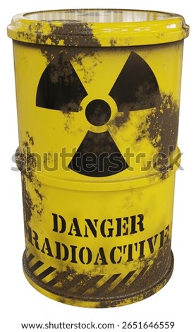 Radioactive nuclear waste container, corroded and ageing, rusting radioactive material barrel.