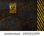 A radioactive plaque on old rusty metal. Danger symbol. Nuclear, radioactive alert concept.