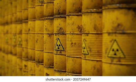 radioactive waste in barrels background (3d rendering) 