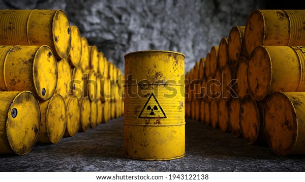 radioactive waste in barrels, nuclear waste\
repository (3d\
render)