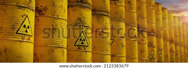 radioactive waste in barrels, nuclear waste\
repository (3d render\
banner)