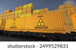 Radioactive waste and nuclear containers on a freight wagons. Business concept of railway train transport and shipping with a atomic energy symbol 3D illustration.