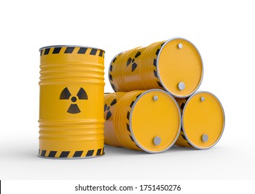 Radioactive Waste Yellow Barrels With Radioactive Symbol, Isolated On White Background. Nuclear Waste In Barrels. 3d Rendering Illustration