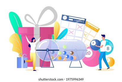 Raffle Drum With Balls, Gift Boxes, Lucky Woman Playing Lotto Game And Winning Prize, Flat Illustration. Lottery Gambling, Bingo Prize Draw Concept For Web Banner, Website Page Etc.