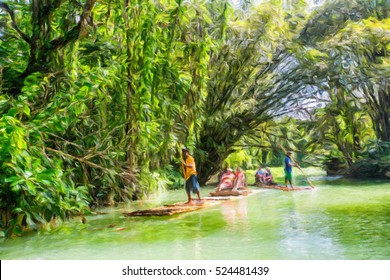 Raft on Martha Brae river with, a popular tourist attraction in Jamaica. Oil painting effect.