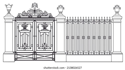 The Railing And Gates Of Summer Garden In Saint Petersburg Russia, Line Art Architecture Drawing, Hand Drawn City Scape Illustration On White Background