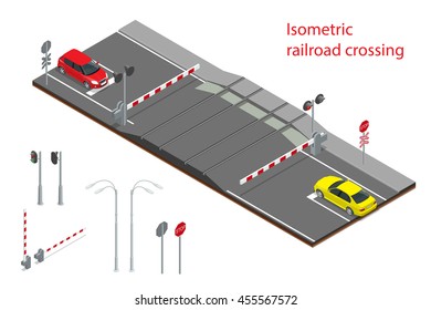 Railroad Crossing Isometric Illustration. Machines Stops Are At A Railway Crossing. 