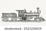 Railroad engine (1874) by W.J. Morgan  Co. Engine train in Victorian era. Vintage black and white steam railroad train art drawing illustration, old painting art print of Victorian train.