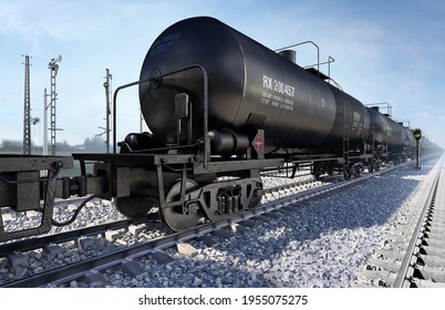 Railroad Petroleum Tank Car On Track. Freight Train Liquid Transport Wagons With Crude Oil, Gas, Petrol, Diesel Fuel Tankers On The Rails. Cargo Railway Logistics, Shipping Industry, Transportation 3d