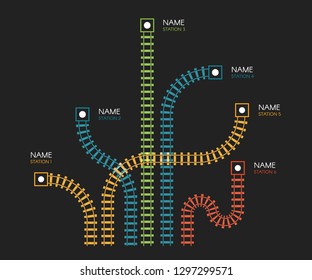 Railroad Tracks, Railway Simple Icon, Rail Track Direction, Train Tracks Colorful Illustrations On Black Backgroud, Colorful Stairs, Subway Stations Map Top View, Infographic Elements