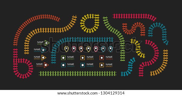 線路 地下鉄の駅は トップビュー インフォグラフィックエレメントを地図に描きます 鉄道の簡単なアイコンセット 軌道の方向 黒い背景に線路のカラフルな イラスト カラフルな階段 のイラスト素材