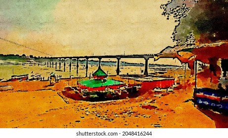 Railway bridge on the Ganges river with ancient ghats on bank of the river of Banaras, India.Sketch drawings Watercolor Lined Art Colorful Illustration for wallpaper Background Template Style. 