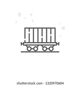 Railway Car, Container Line Icon. Well Car, Rail Freight Symbol, Pictogram, Sign. Light Abstract Geometric Background. Editable Stroke. Adjust Line Weight. Design With Pixel Perfection.