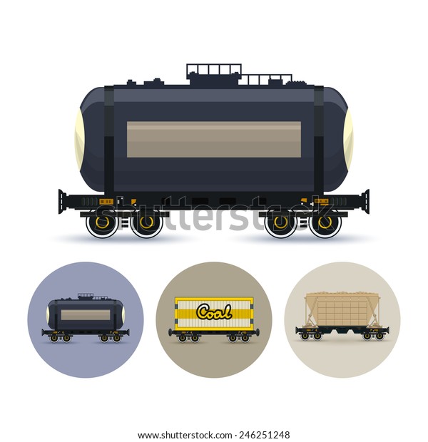 Railway car the tank for\
transportation of liquid and loose freights. Set of three round\
colorful icons , icon  railway wagon , hopper car for mass transit\
bulk cargo