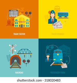 Railway Design Concept Set With Train Station Steward Railroad Passenger Flat Icons Isolated  Illustration