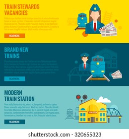 Railway Horizontal Banner Set With Train Steward Vacancies New Modern Station Elements Isolated  Illustration