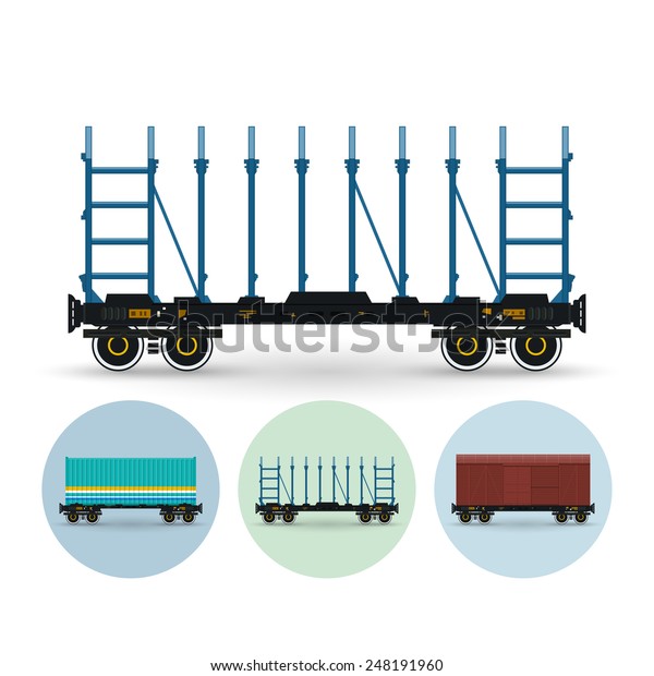 Railway platform for timber\
transportation and cars, equipment, long cargo, bulk cargo. Set of\
three round icons container railway platform, covered freight\
car