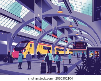 Railway Station Departure Illustration. A Couple With Travel Bags In A Busy And Crowded Train Or Metro Station. Adventure Concept.